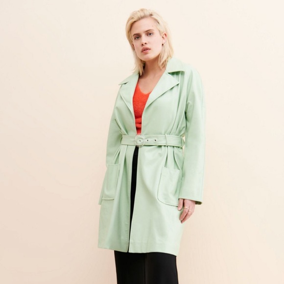 Mint Green Vegan Leather Trench Coat - Picture 9 of 10